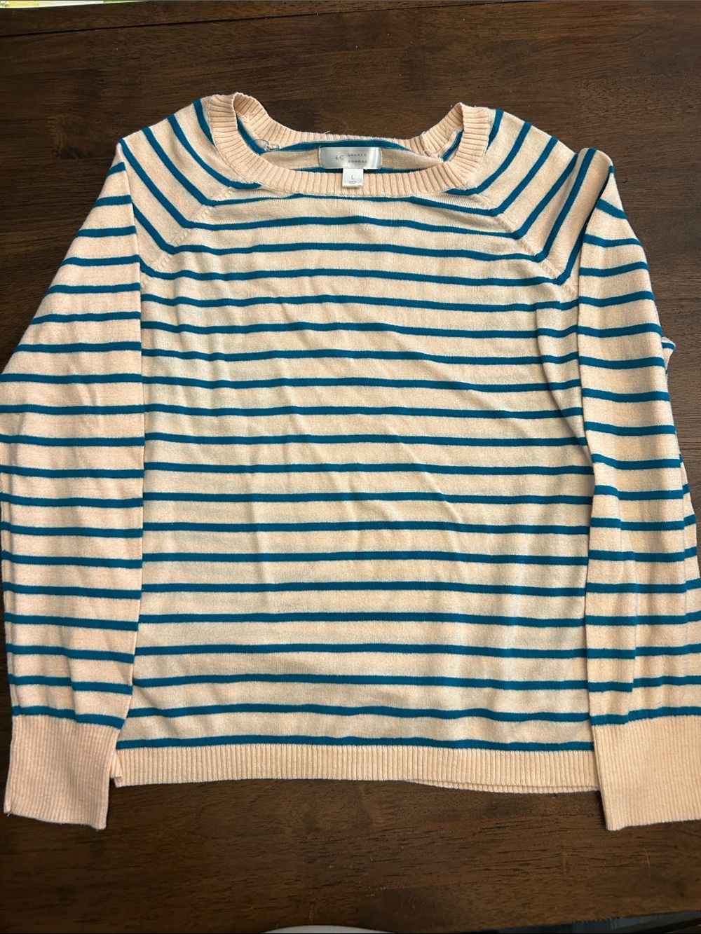 LC Lauren Conrad Cream and Teal Striped Crewneck Sweater